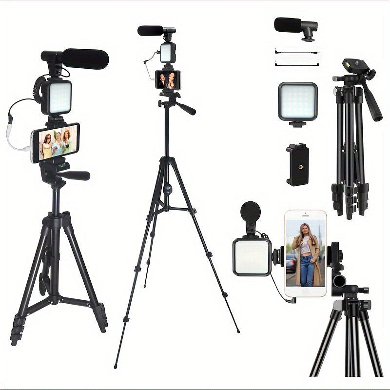 Vlogging Kit with Tripod Microphone and Lights for Live Streaming and Photography Black