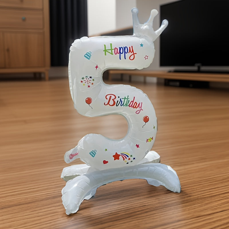 White 32-Inch Crown Number Balloon with Colorful Designs for Birthday Party