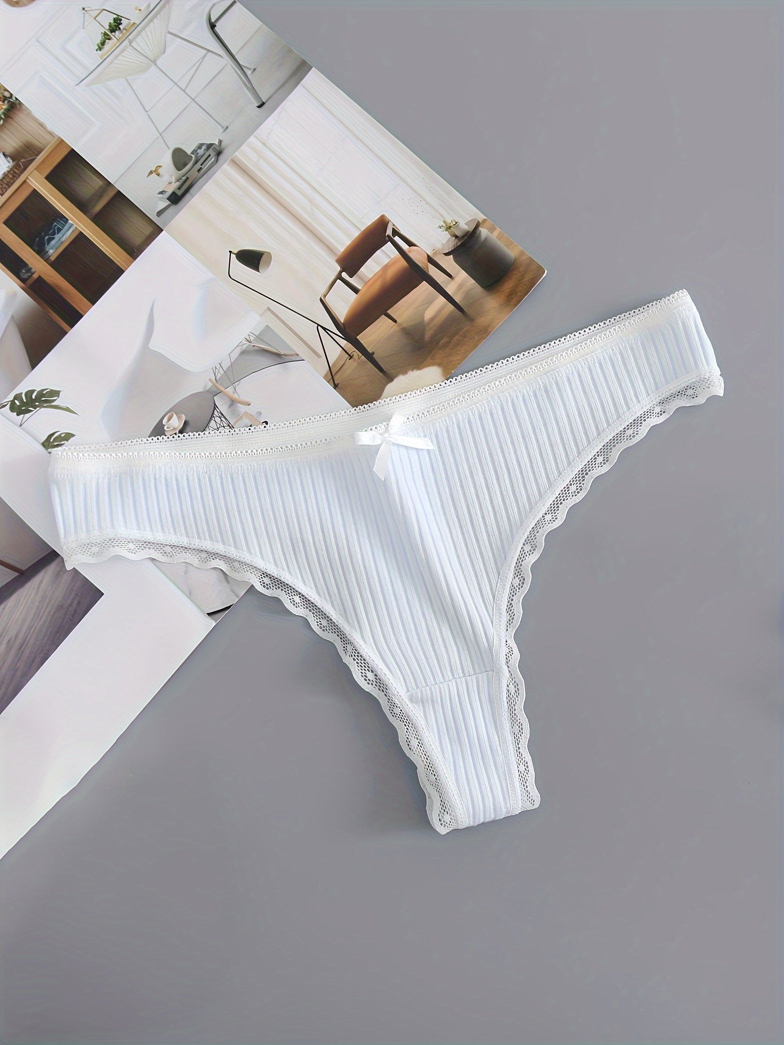 Set of 5 Low Waist Cotton Panties with Lace Trim and Ribbed Design for Women