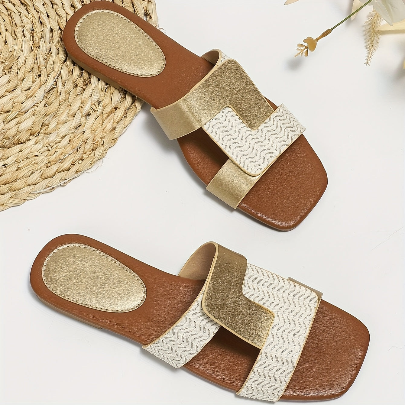 Women's Square Toe Slide Sandals with Two-Tone Gold and White Chevron Design