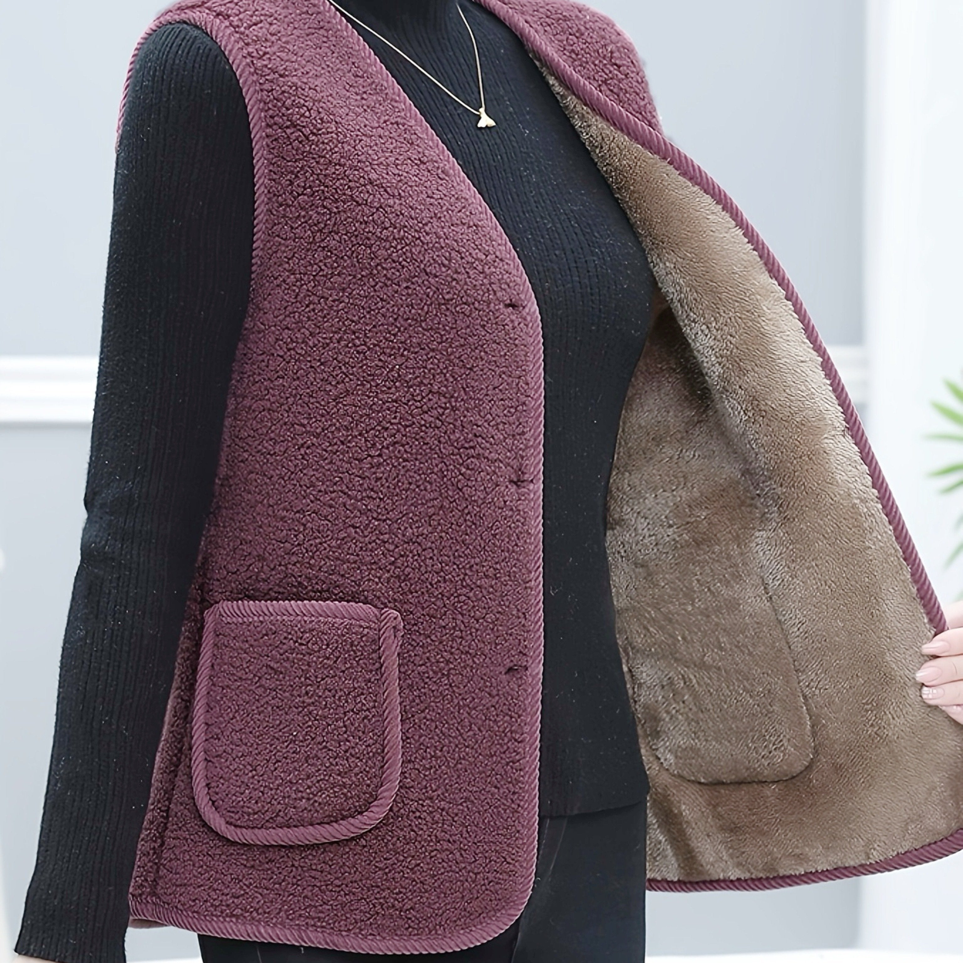 Women's Fleece-Lined Vest with Pockets Casual Sleeveless Knit Polyester Solid