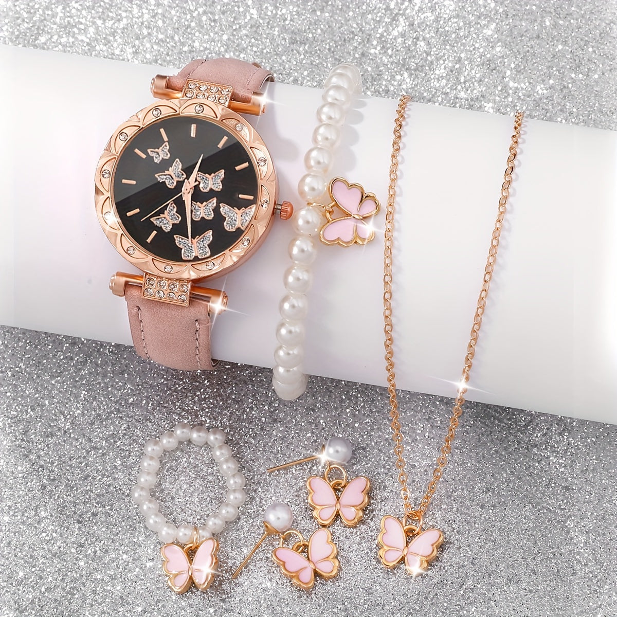 Set of 6 Women's Elegant Butterfly Rhinestone Quartz Watches with Leather Bands and Jewelry