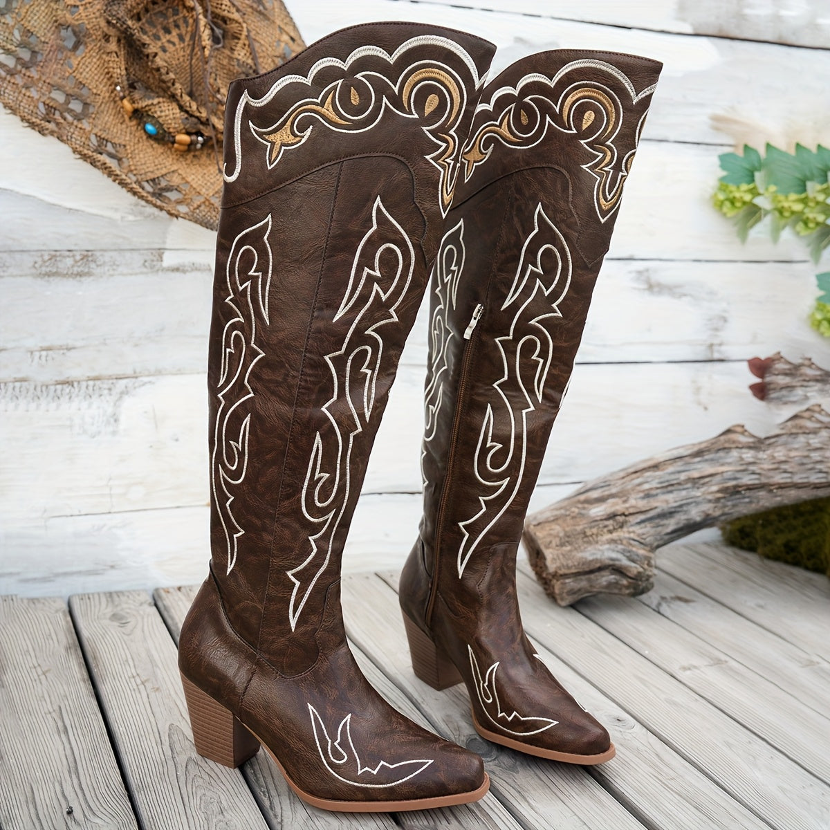 Women's Faux Leather Western Boots with Zipper, Brown White Embroidery