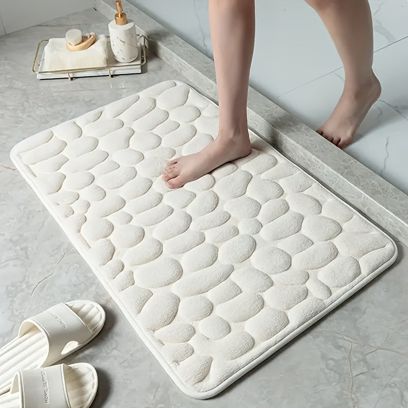 Coral Fleece Bath Mat with Geometric Pebble Design Low Pile Machine Washable Non-Slip Polyester Rug