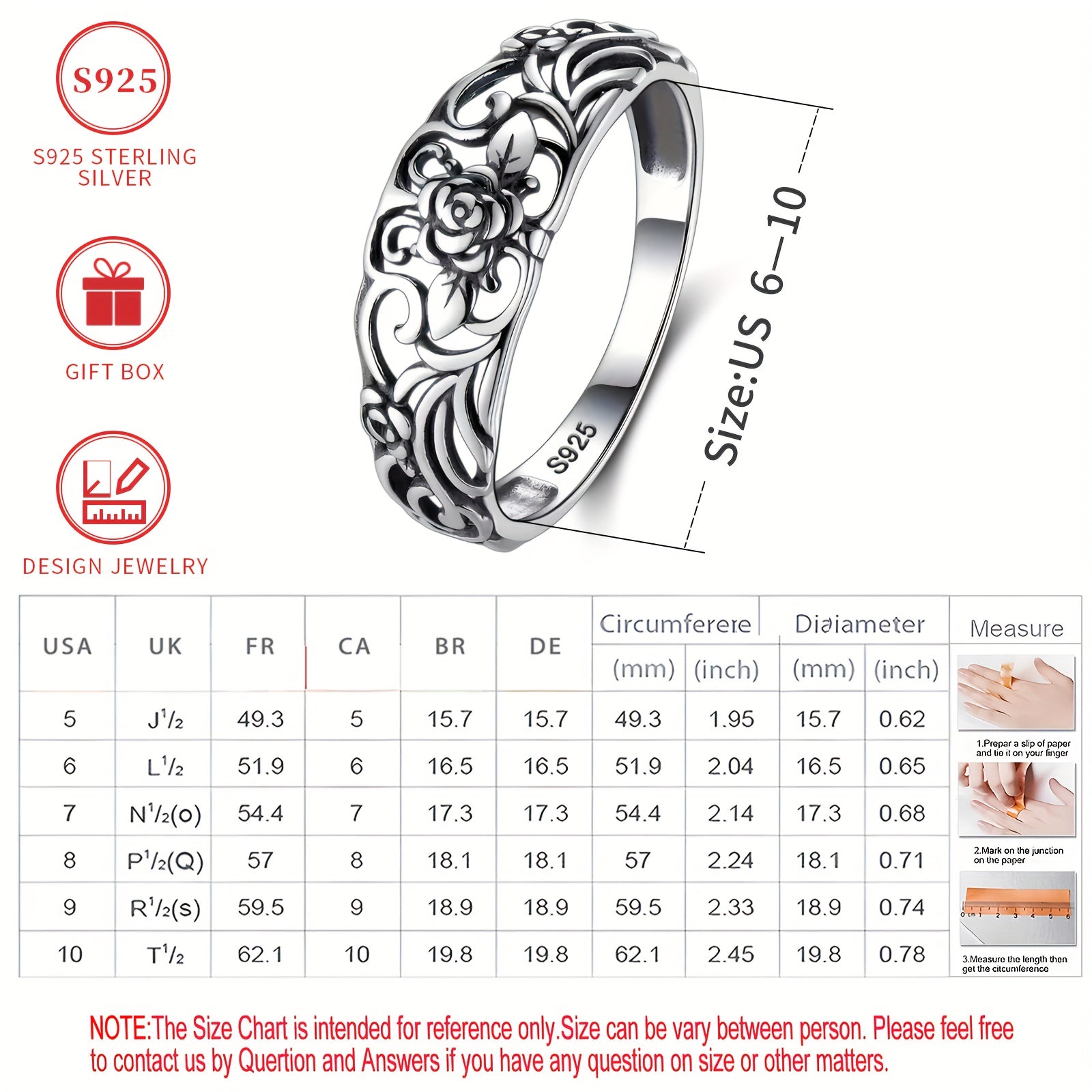 Vintage Rose Silver Ring 14K Gold Plated Engagement Wedding Jewelry for Women