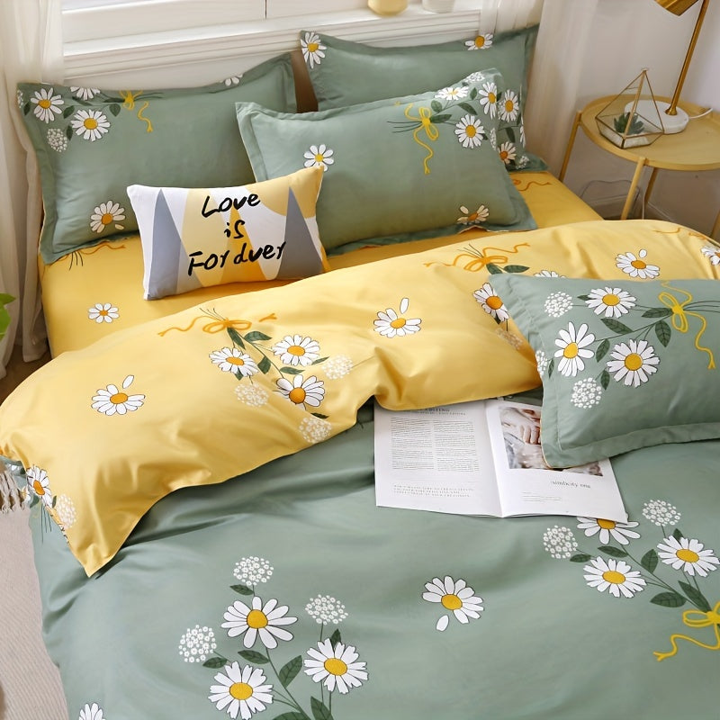 Daisy Print Duvet Cover Set with Pillowcases and Flat Sheet Polyester All-Season Bedroom Decor