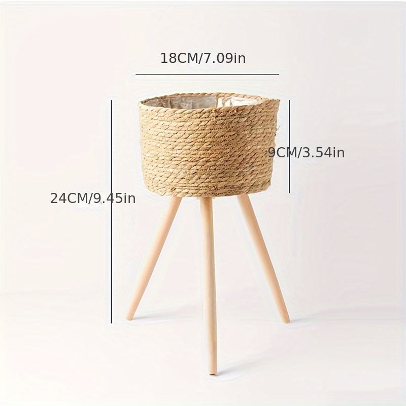 Nordic Style Plant Basket Decor Woven Rattan Flower Pot with Wooden Legs Indoor Balcony Stand 18cm 29cm 50cm