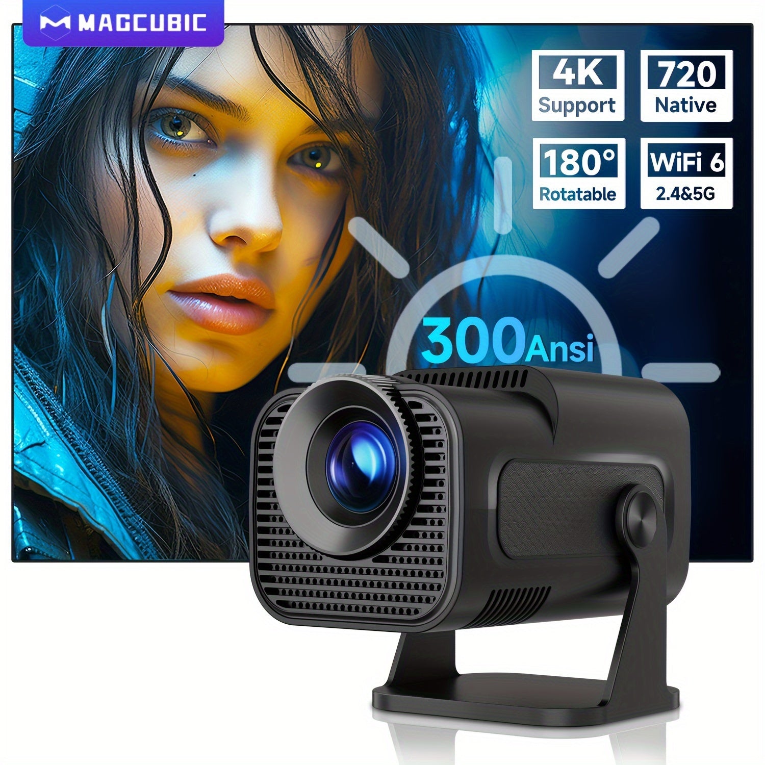 Mini Projector 720P Android 11 4K WiFi 6 Wireless 5.0 300ANSI 180° Rotatable EU Plug