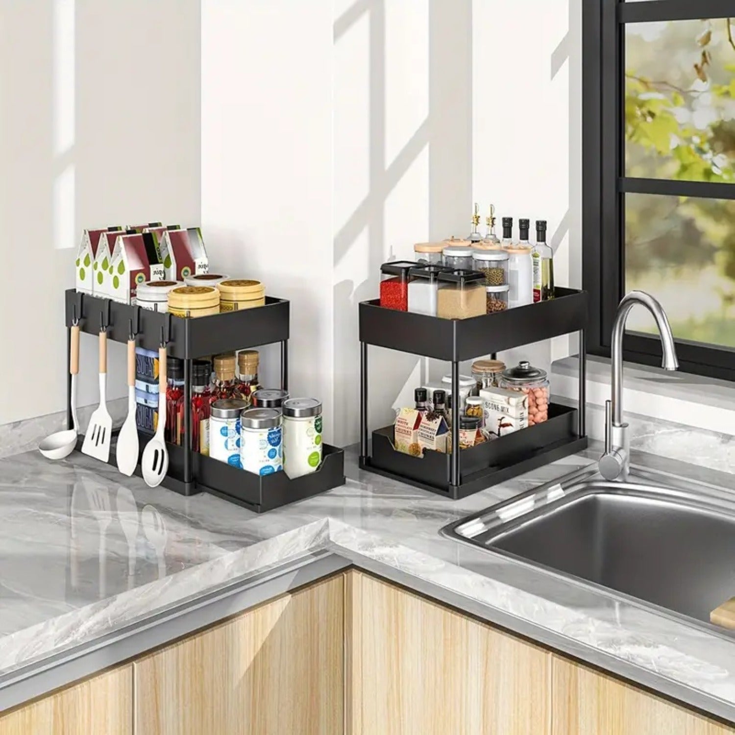 Two-Tier Pull-Out Sink Organizer with Hooks Plastic Kitchen Bathroom Storage Basket