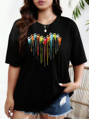 Plus Size Heart Print T-Shirt for Women Casual Short Sleeve Polyester Knit Crew Neck