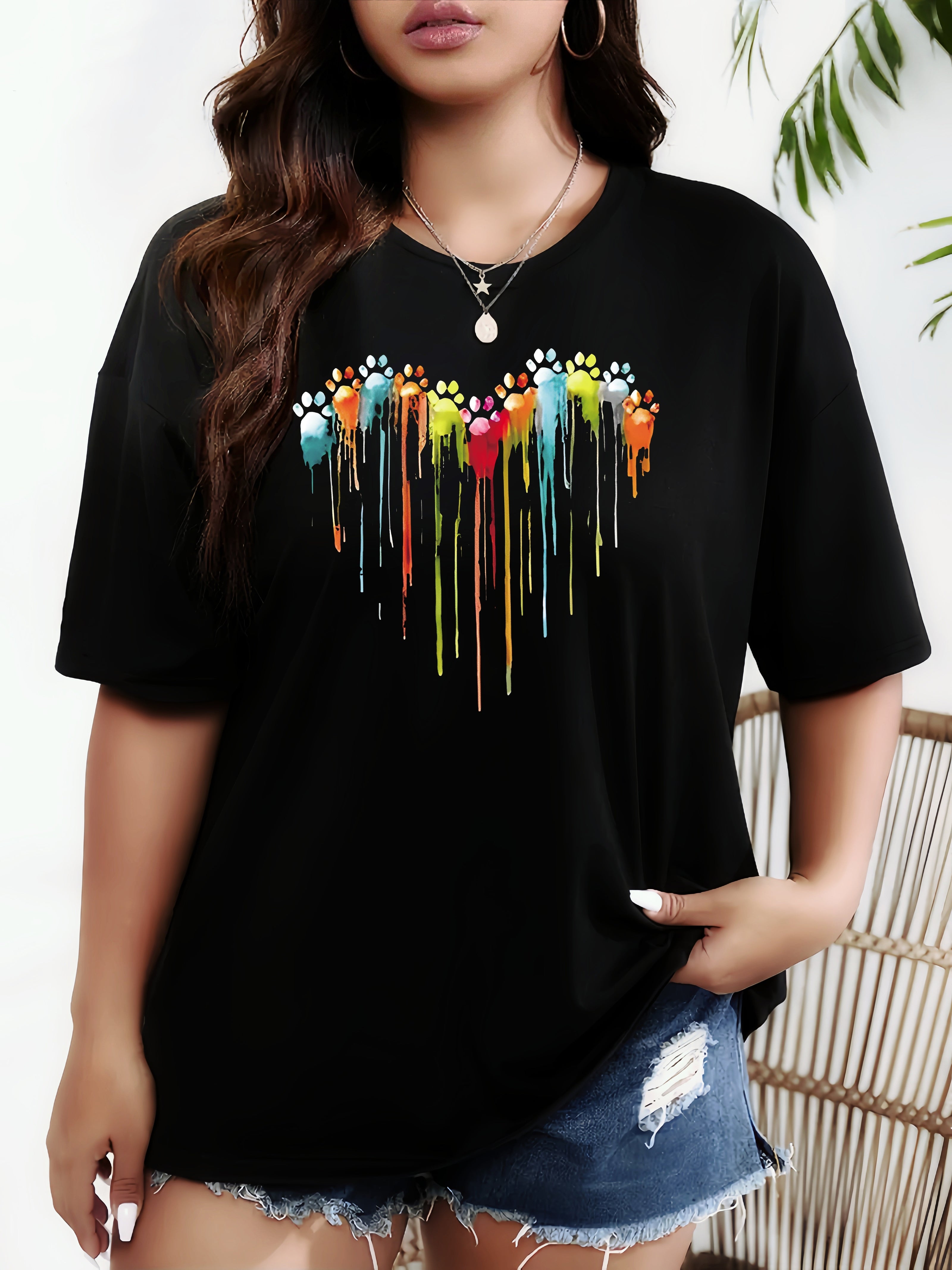 Plus Size Heart Print T-Shirt for Women Casual Short Sleeve Polyester Knit Crew Neck