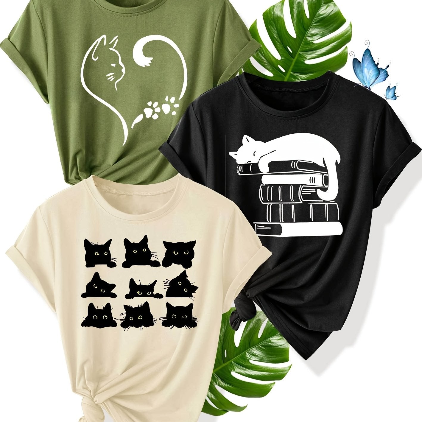 Camisetas de mujer con estampado de gato, poliéster, manga corta, cuello redondo, pack de 3