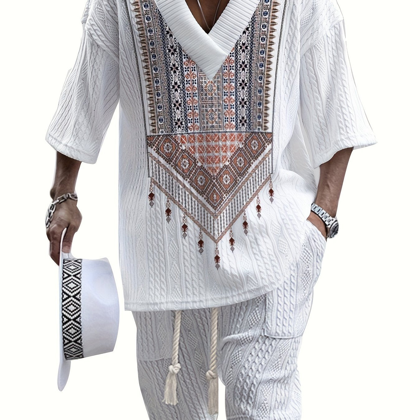 Men's Summer Casual Shorts and V-Neck T-Shirt Set Polyester Print Solid Color