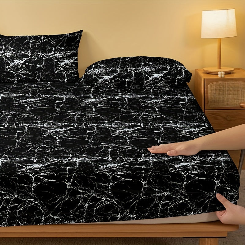 Marble Print Fitted Sheet Soft and Comfortable Deep Pocket Mattress Cover for Bedroom