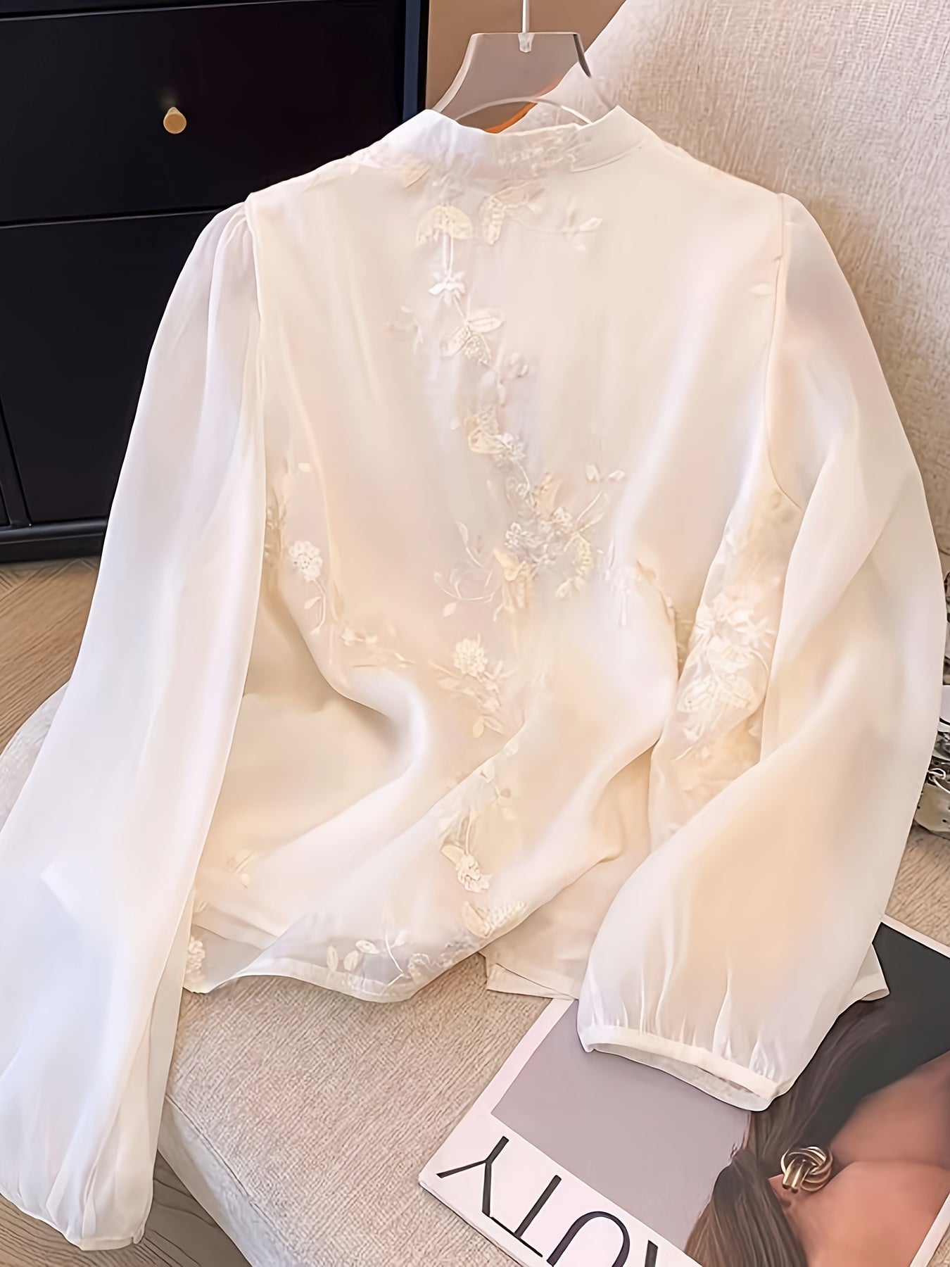 Women's Embroidered Long Sleeve Blouse with Stand Collar Polyester Woven Spring Summer Fashion