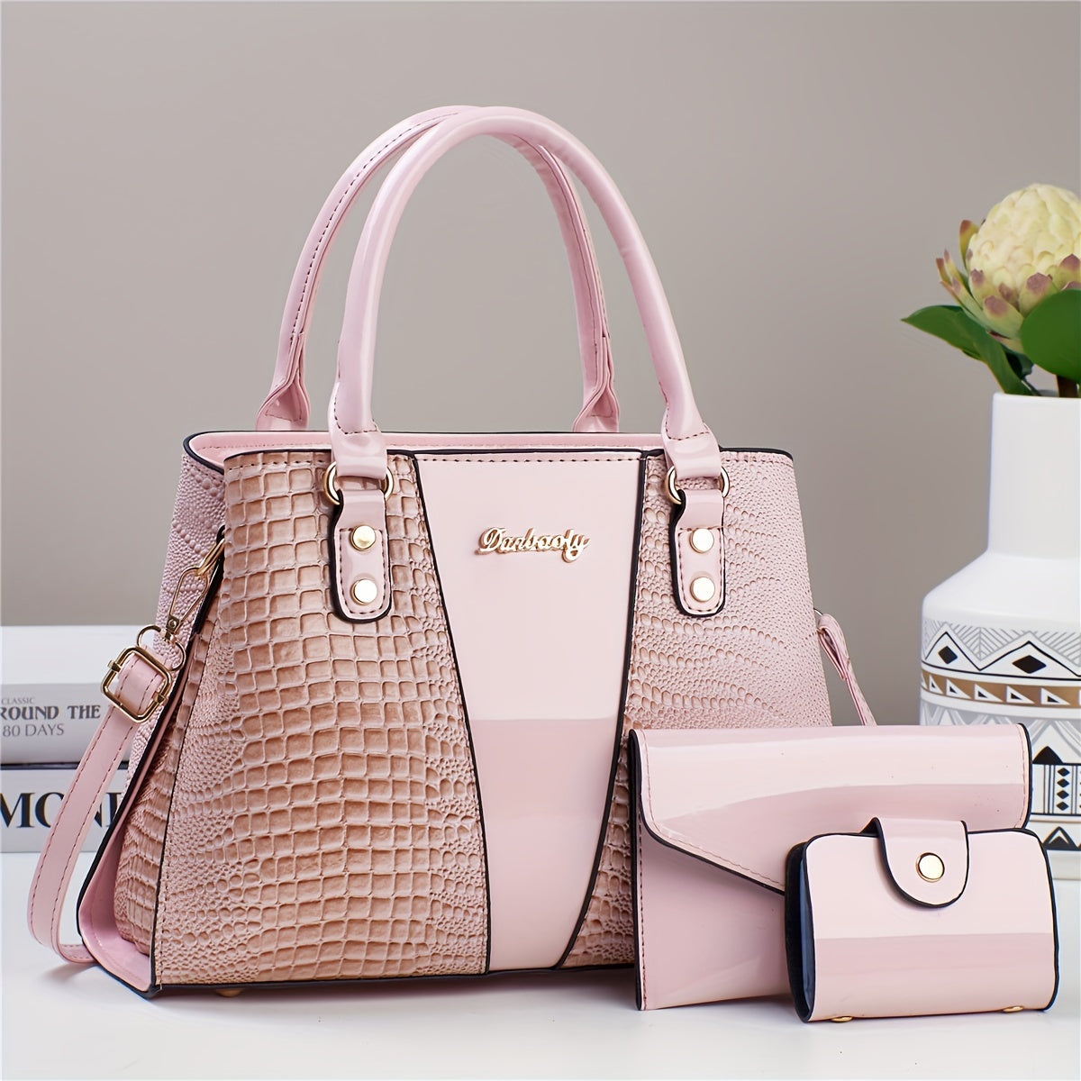 3-Piece PU Handbag Set with Crocodile Pattern Crossbody Shoulder Bag and Coin Purse