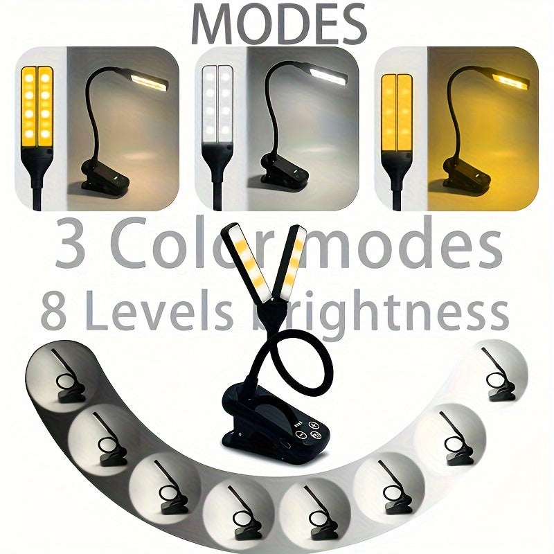 Rechargeable Book Light with 14 LEDs Dual Head Clip-On Reading Lamp Warm Cool Light