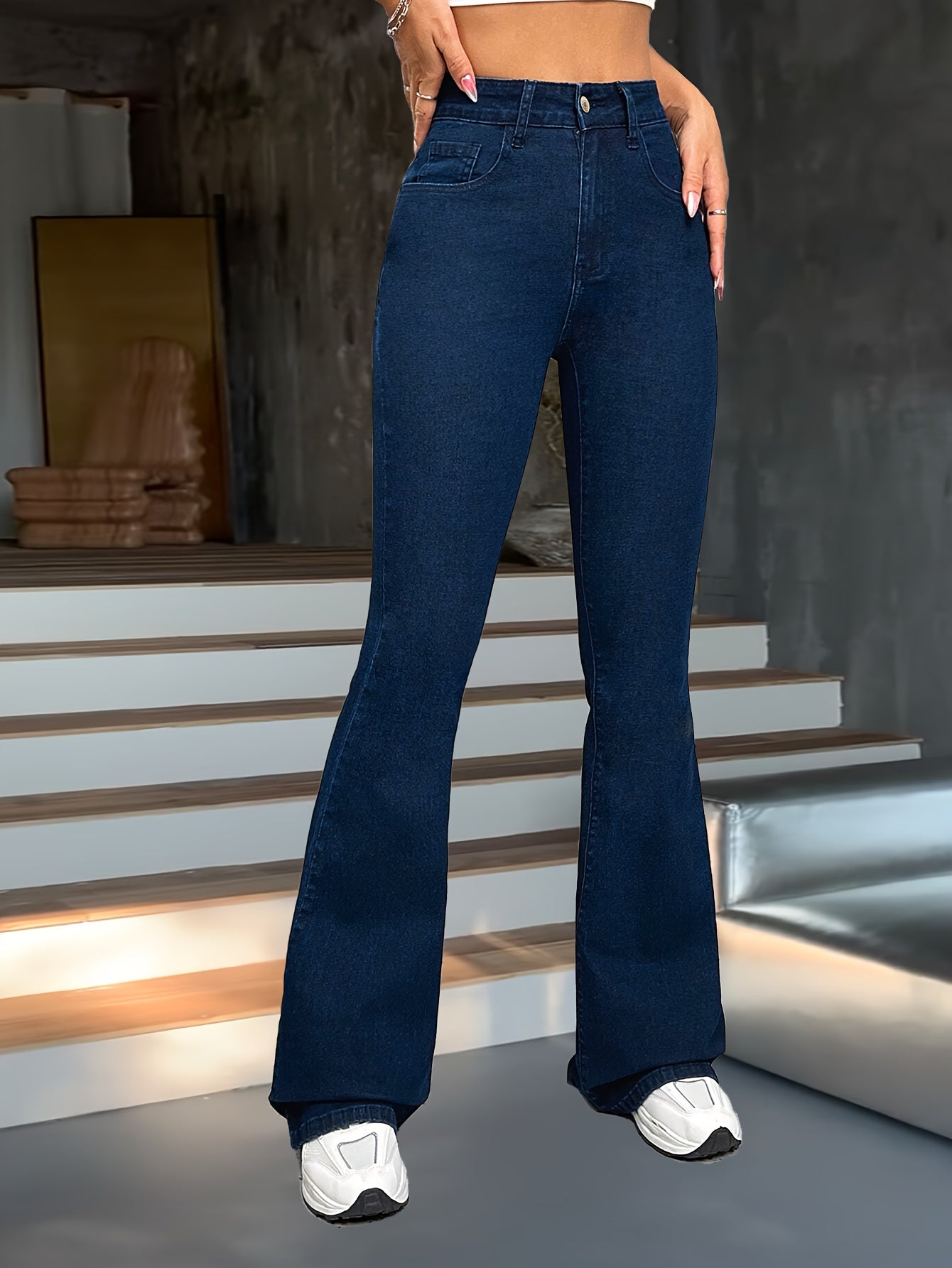 Navy High Waist Flare Leg Denim Trousers with Elastic Waist for All Seasons