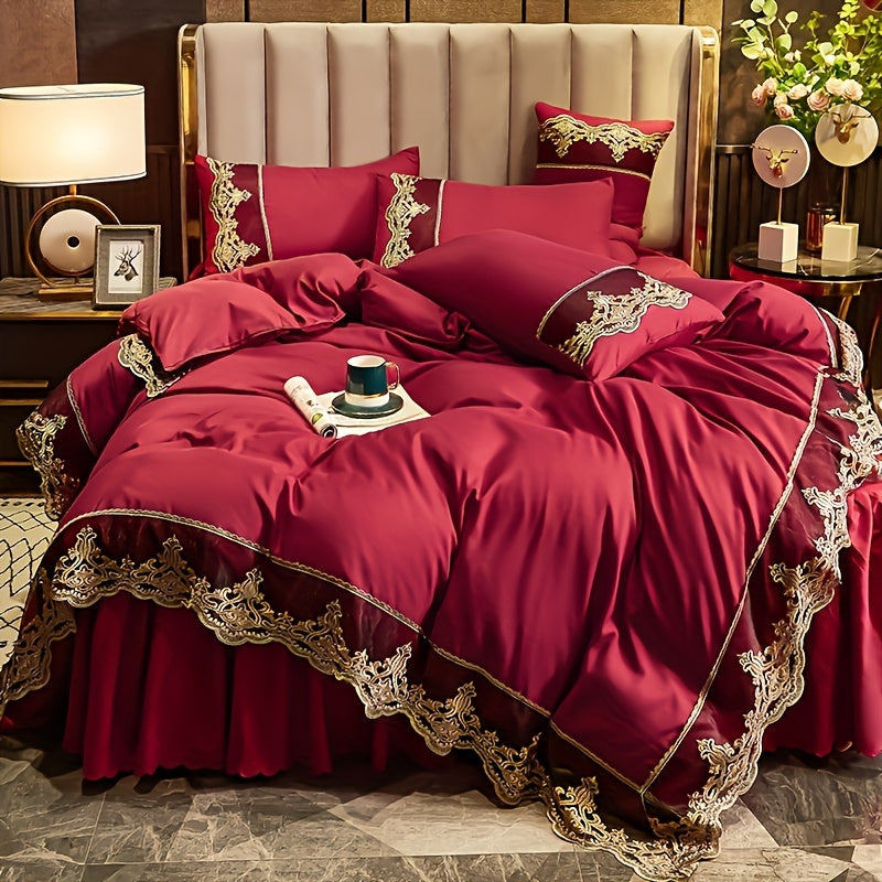 Luxury Polyester Duvet Cover Set with Golden Lace Accents, Solid Color, Zipper Closure