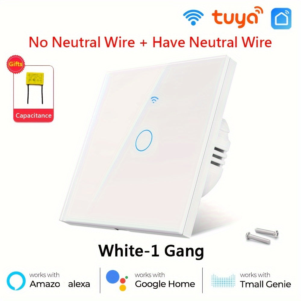Smart Touch Wall Switch WiFi App Control Tempered Glass 86mm Single or Zero Wire Replacement in White or Golden