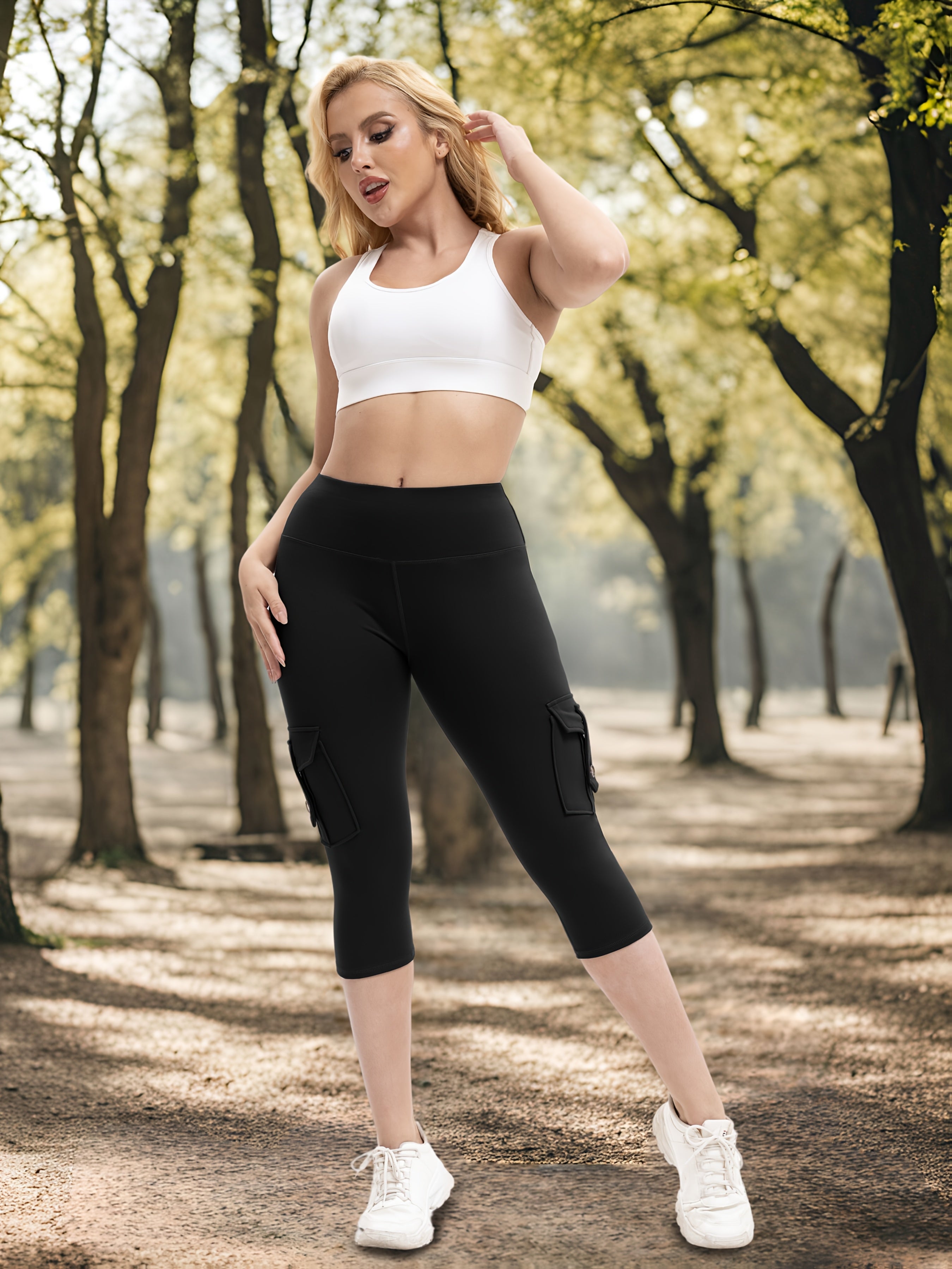 Plus-Size Women’s High-Waisted Seven-Point Yoga Pants with Pockets and Four-Way Stretch