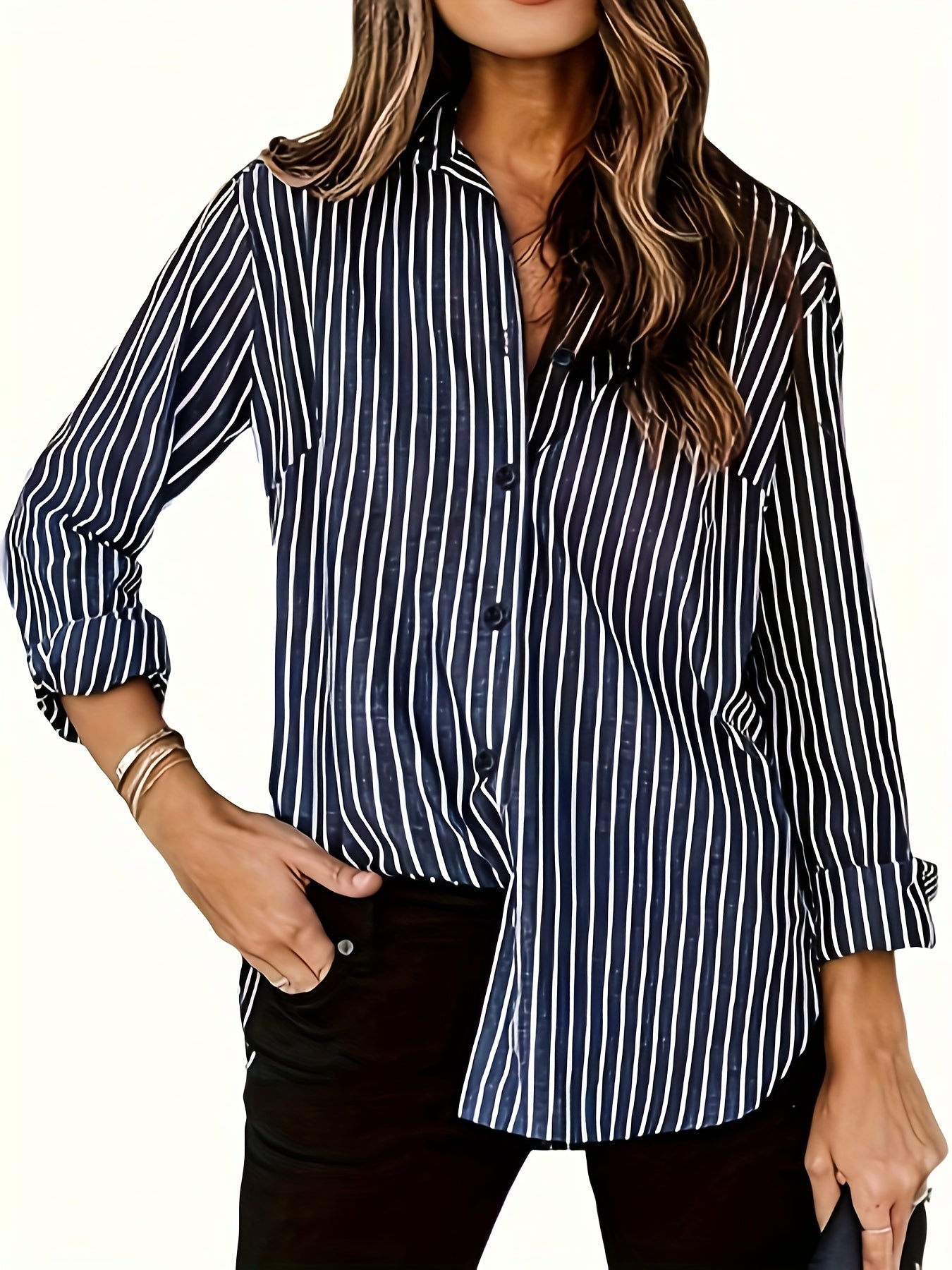 Women's Long Sleeve Striped Button-Up Shirt with Chest Pocket
