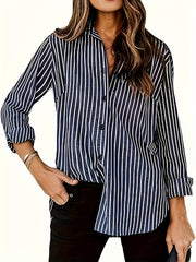 Women's Long Sleeve Striped Button-Up Shirt with Chest Pocket