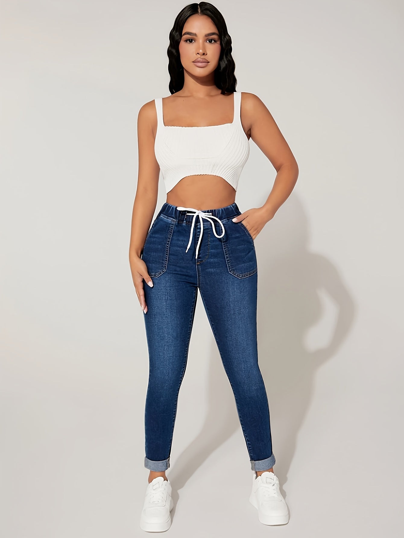 Plus Size Women's Denim Jeans with Elastic Drawstring Waist and Stretch Fit