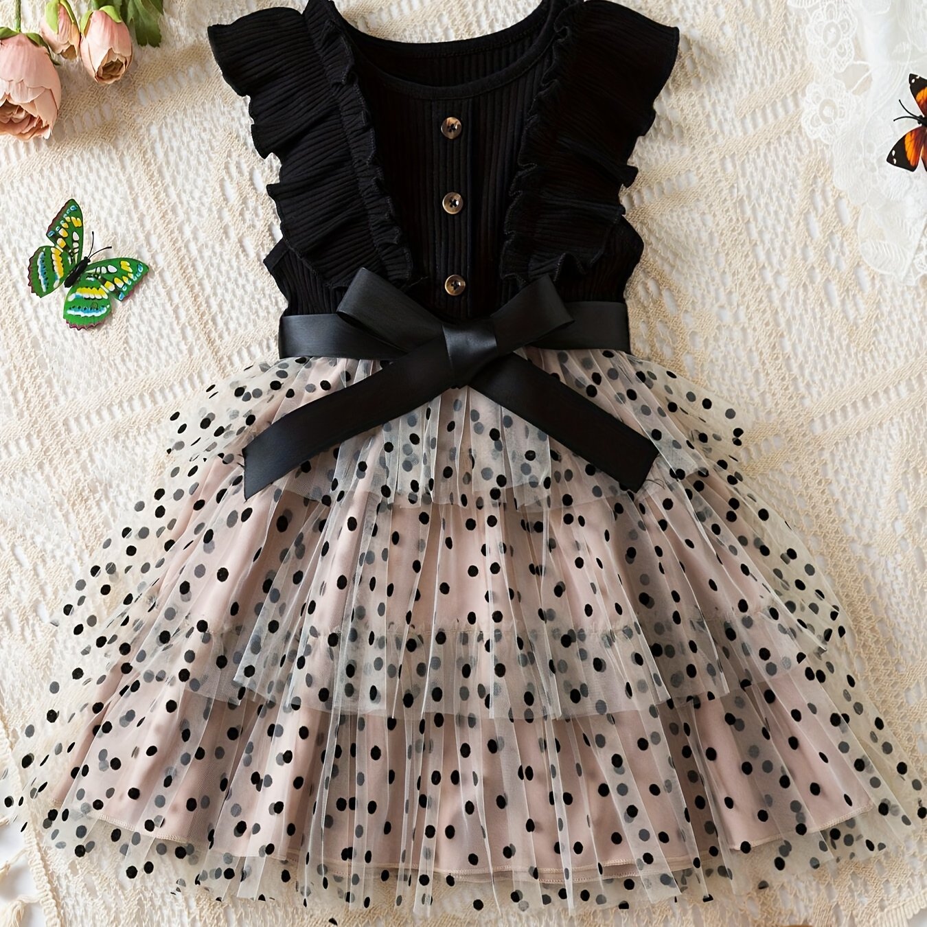 Kids Girls Summer Polka Dot Tulle Princess Dress A-Line Fairy Style Button Accents Non-Stretch Polyester