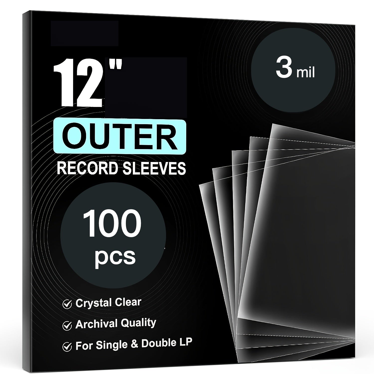 12-Inch Vinyl Record Jackets Pack of 25, 50, or 100, Clear, Durable