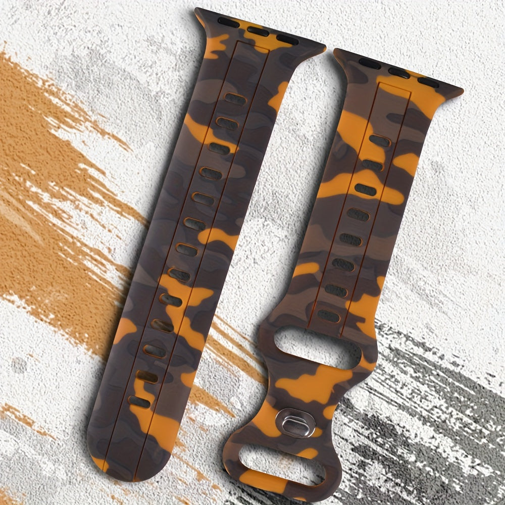 Ko'p rangli kamuflyaj silikondan yasalgan sport tasmasi IWatch Series 9-1 SE uchun, suv o'tkazmaydigan, terga chidamli, qulay, mustahkam, metall sozlash teshigi bilan, kapalak dumiga o'xshash dizayn.
