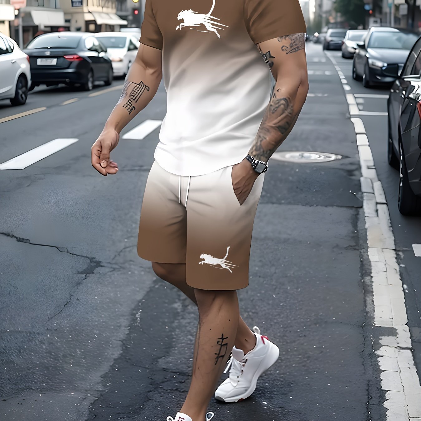 Men's Summer Outfit Set Gradient Pattern Crew Neck T-Shirt Elastic Waist Shorts