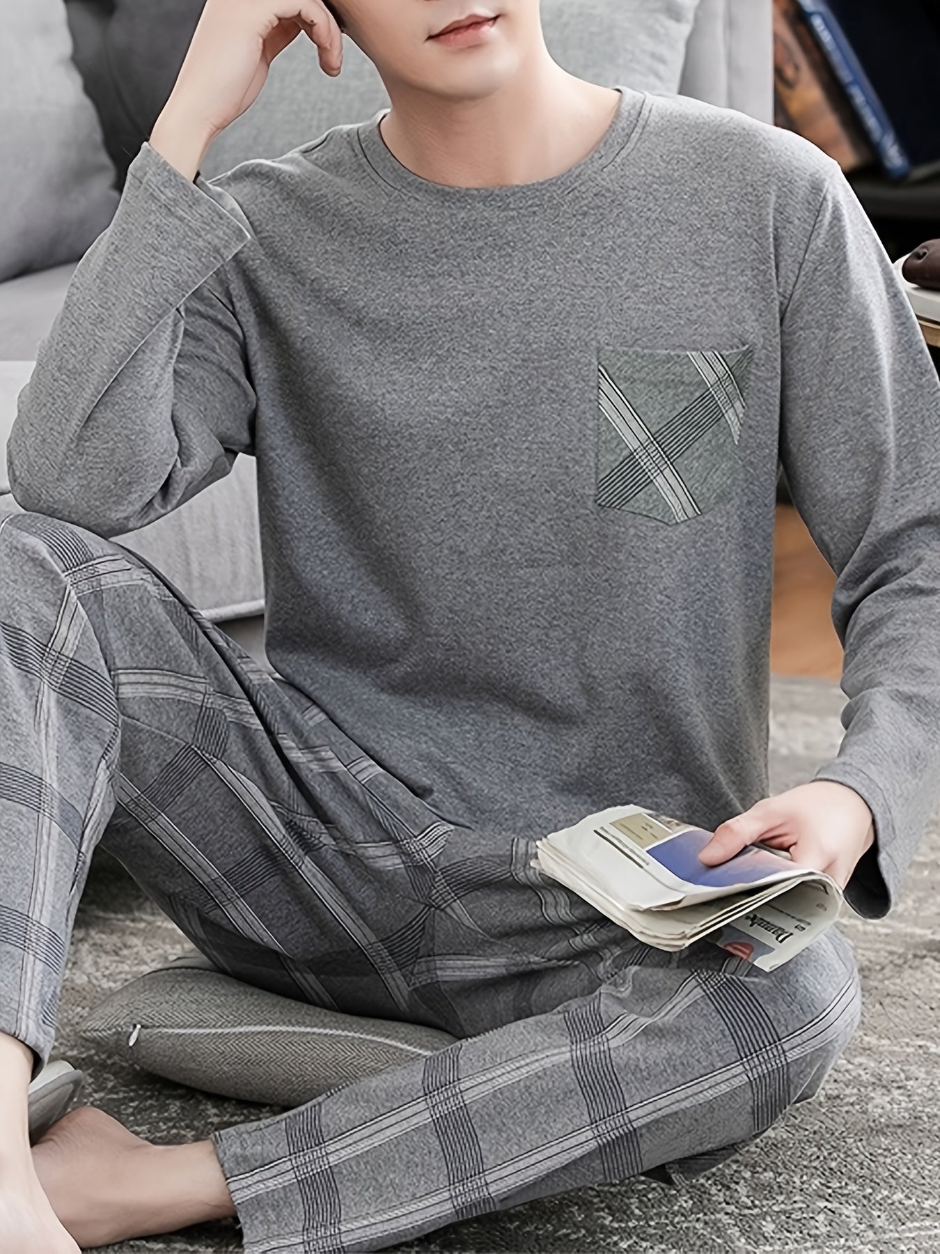 Men's Gray Long Sleeve Pajama Set with Plaid Pants Polyester Machine Washable