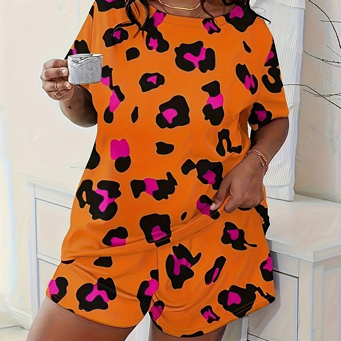 Women’s Leopard Print Pajama Set Soft Polyester Short Sleeve Top & Shorts