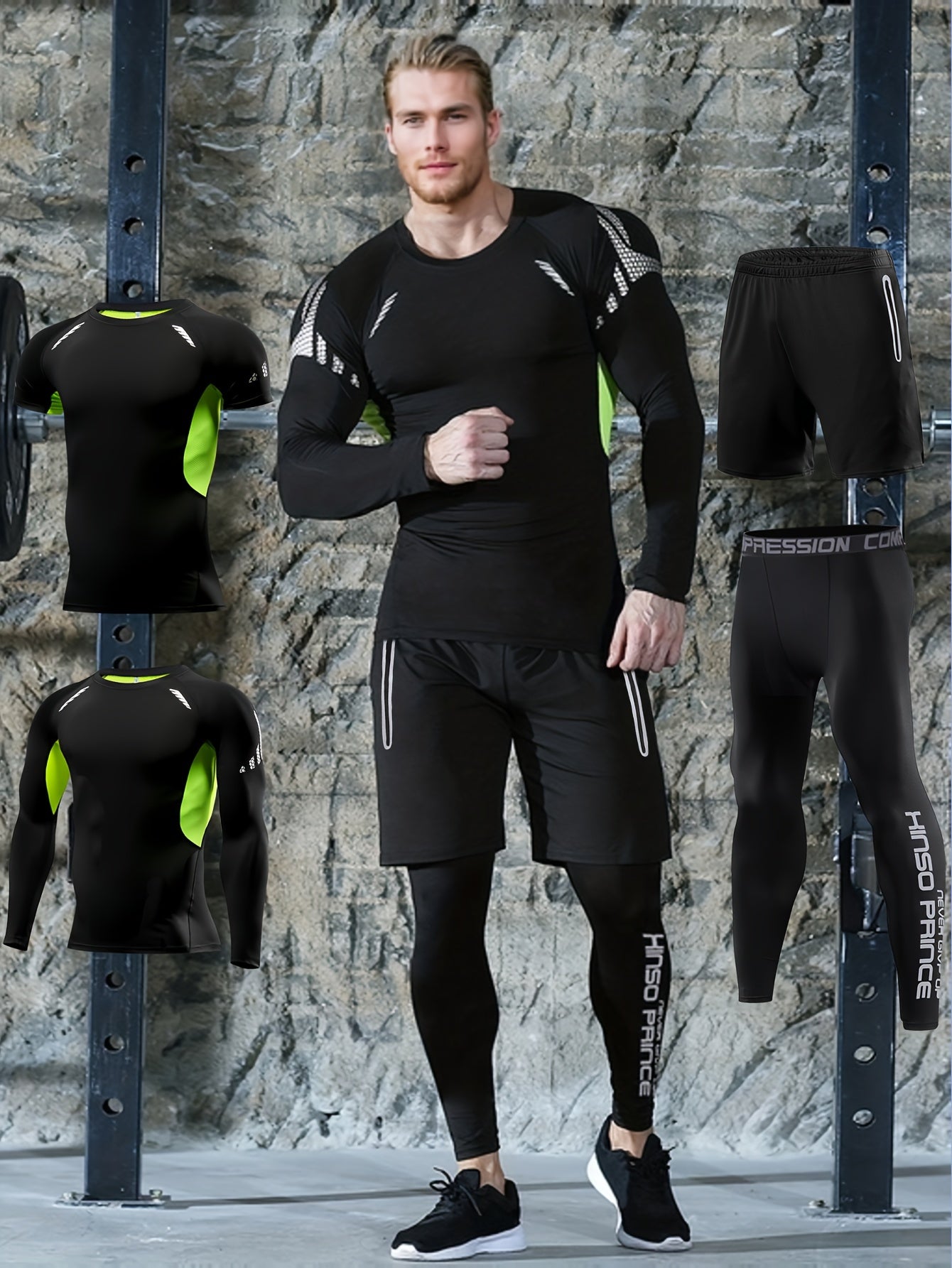 Men's Athletic Set Quick-Dry Stretch Compression Gear Long Sleeve Top Shorts Jacket Leggings Black Green