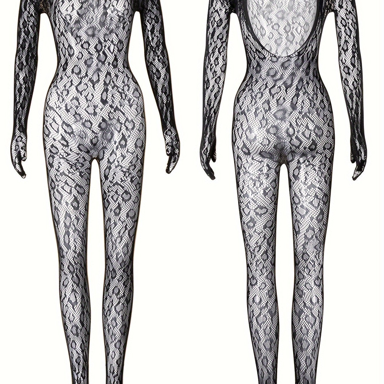 Black Lace Bodystocking with Intricate Patterns Long Sleeve Open Crotch See-Through for Festivals Beachwear