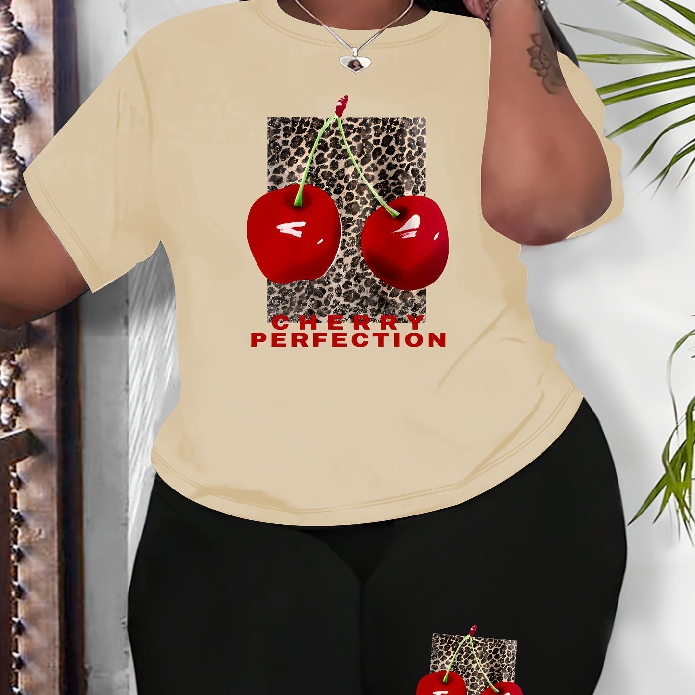 Plus Size Women Cherry Print Casual Outfit Shorts Set Summer Spring Fabric