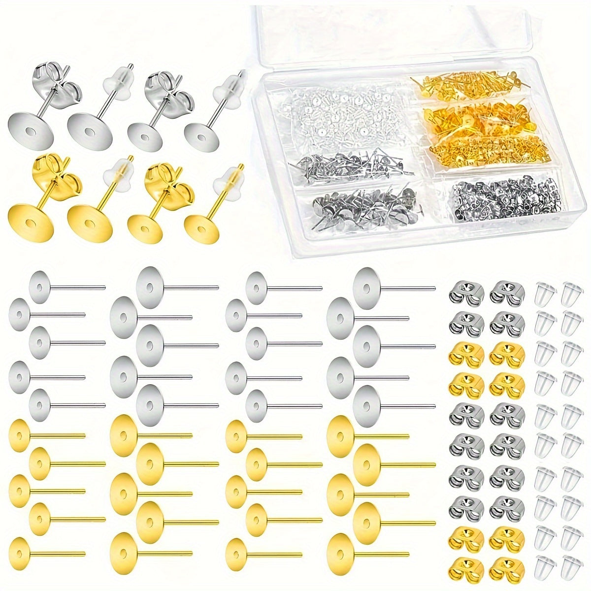 Jewelry Making Kit with 600 Earring Posts Hypoallergenic Stainless Steel and Storage Box