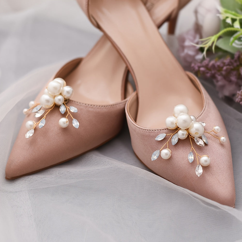 Pearl and Rhinestone Shoe Clips for High Heels Bridal Wedding Accessories Detachable Pair