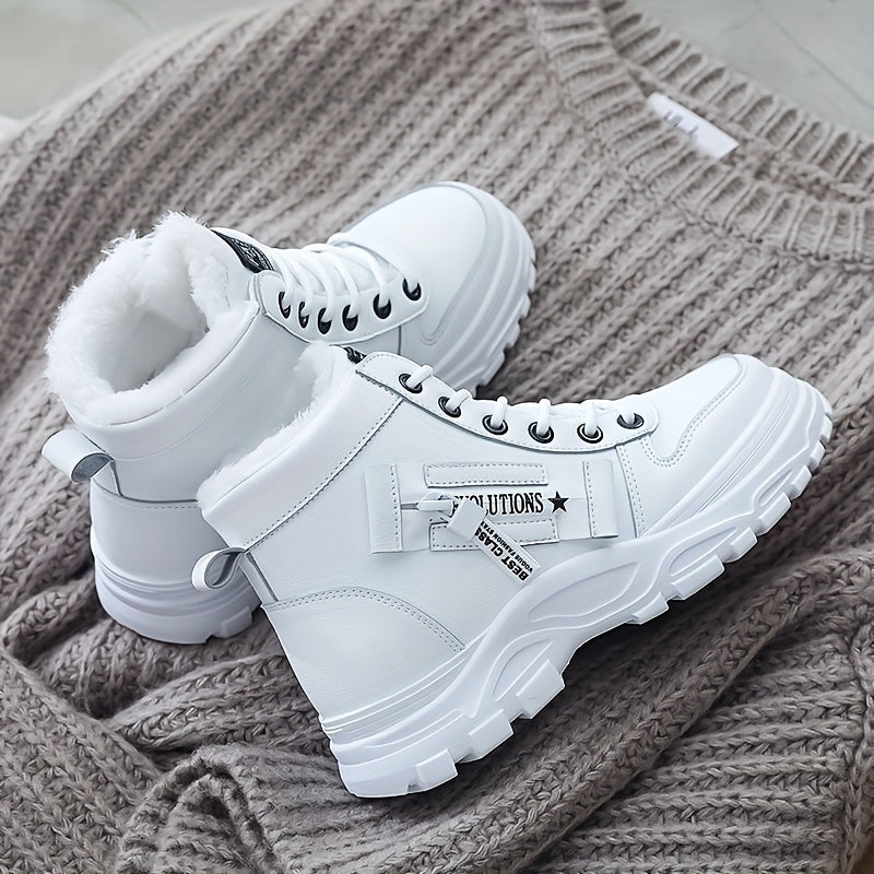 Botas altas de invierno para mujer con forro de piel sintética, impermeables y con cordones blancas
