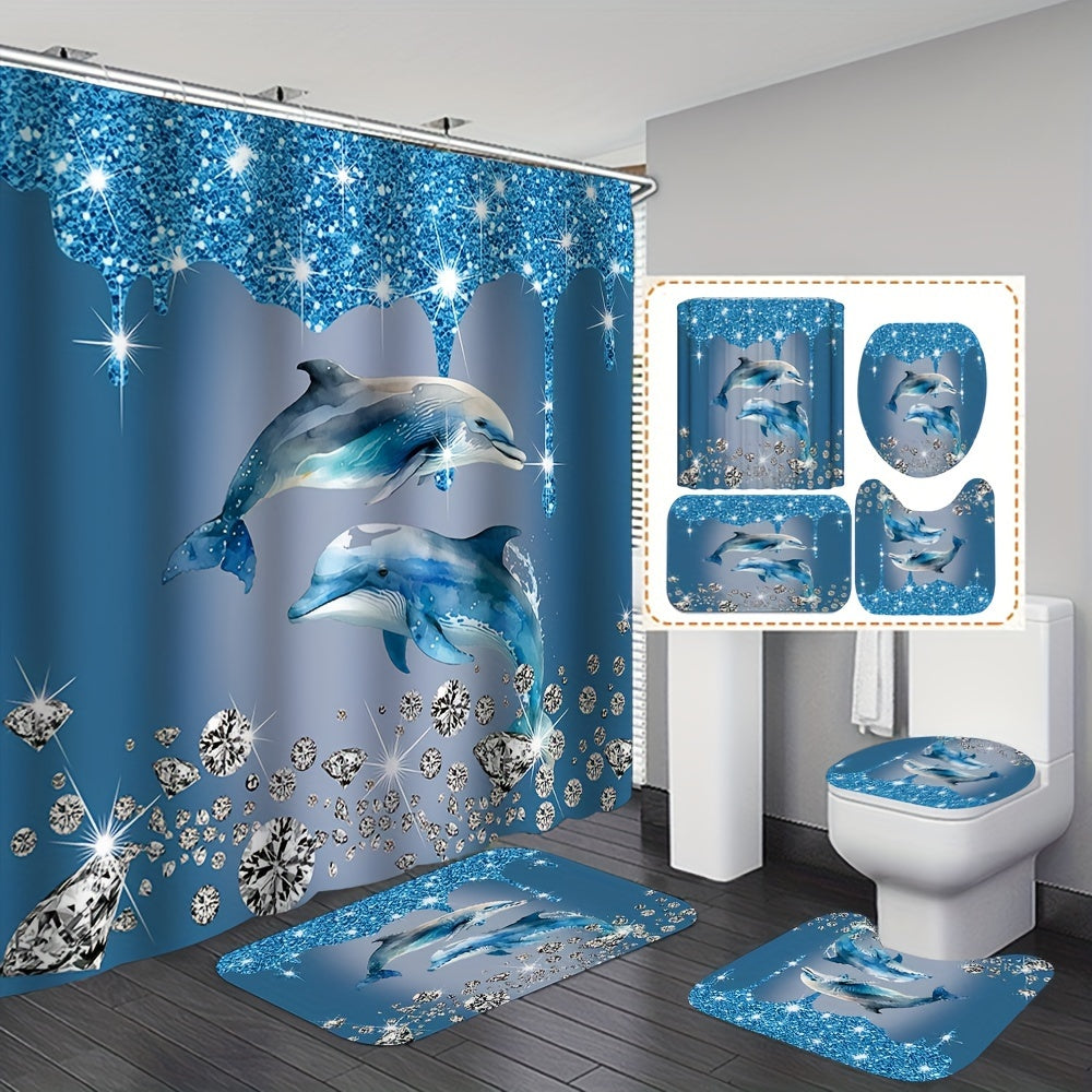 Dolphin Shower Curtain Set with Bath Mat Waterproof Polyester Ocean Theme Bathroom Decor
