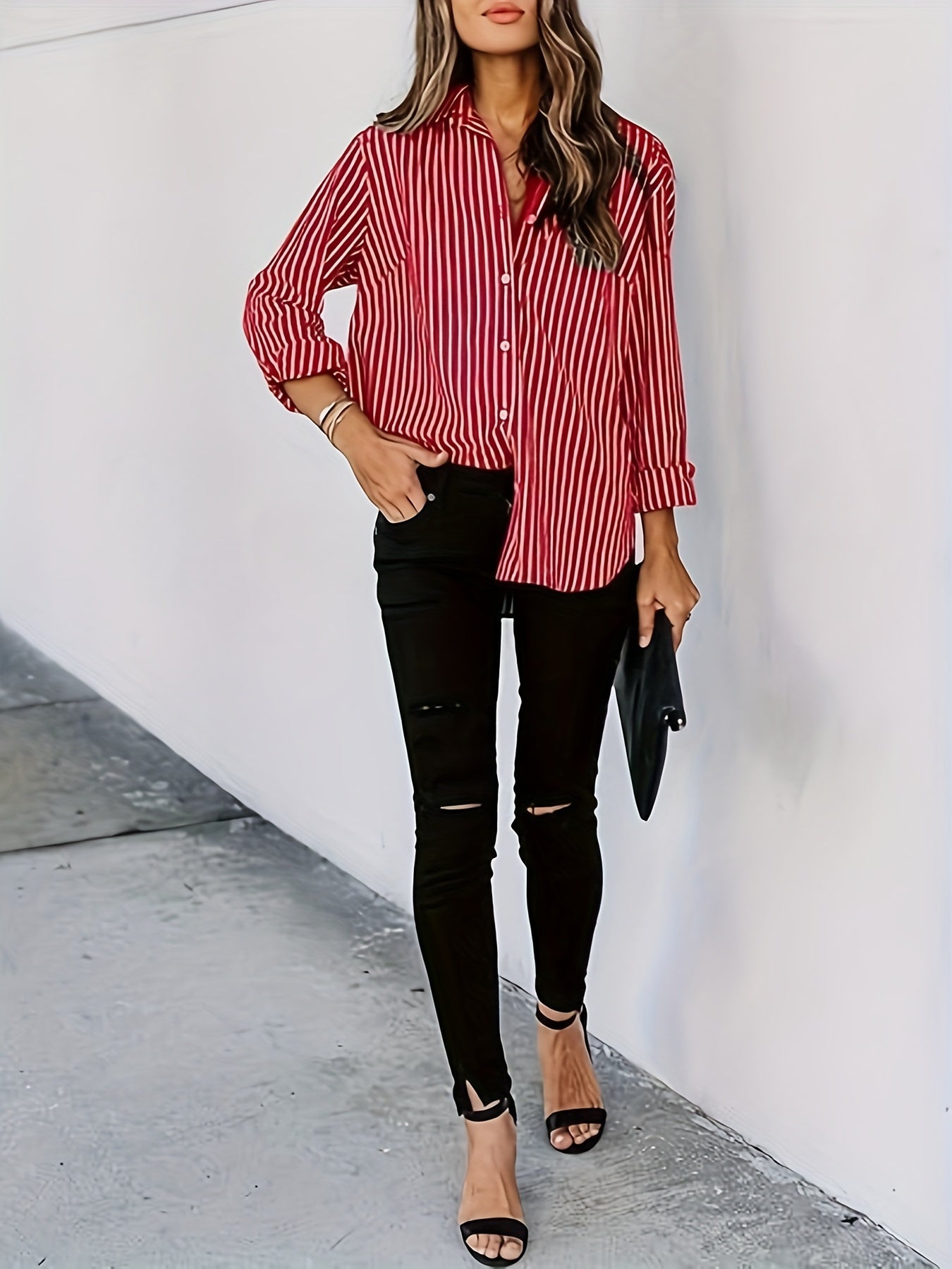 Women's Striped Light Polyester Long Sleeve Button-Up Shirt Casual Blouse