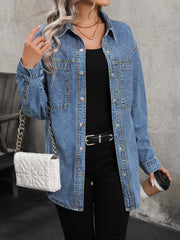 Women's Denim Shirt Solid Color Non-Stretch Elegant Button Casual Spring Fall