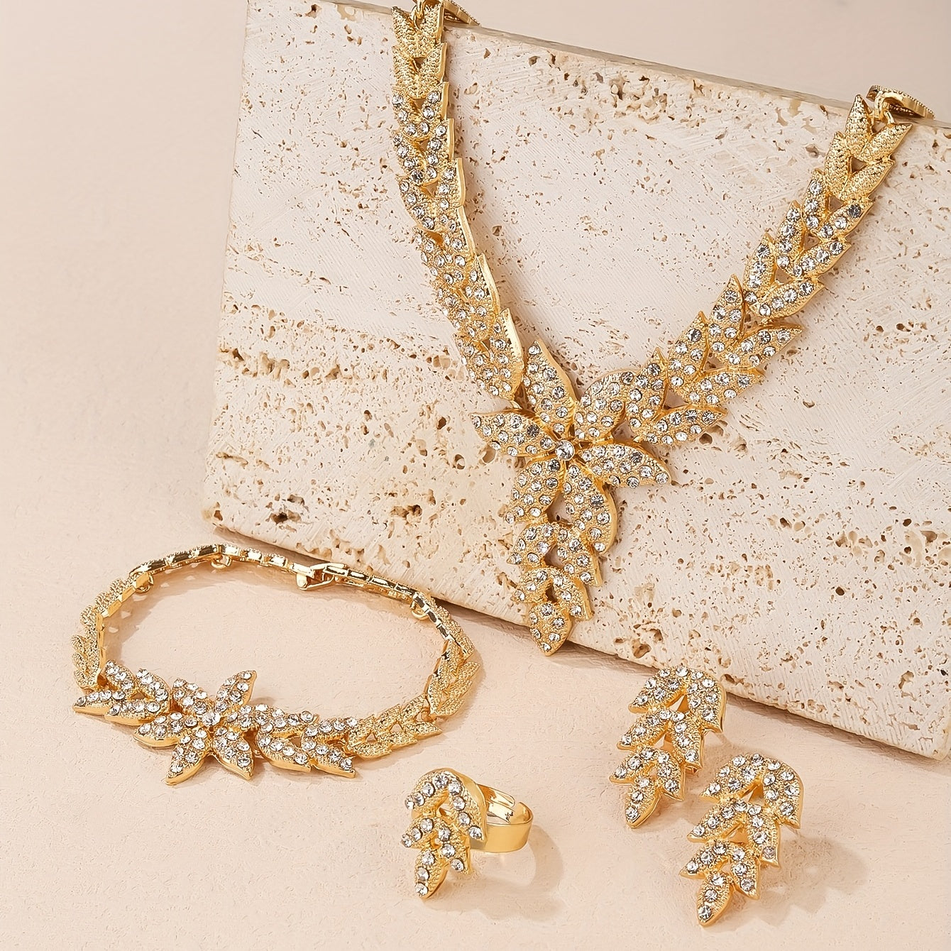 Wedding Jewelry Set for Women Gold Leaf Rhinestone Necklace Ring Earrings Bracelet Gift