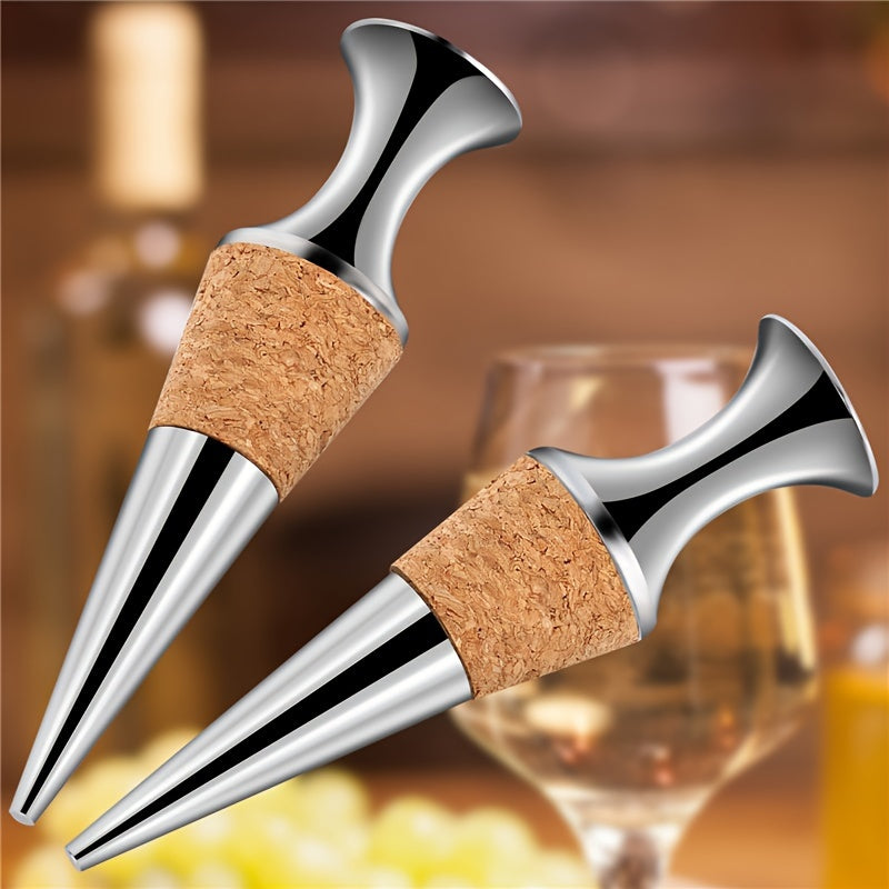 Tapones de vino plateados con tapones de madera, set de dos para conservación de botellas