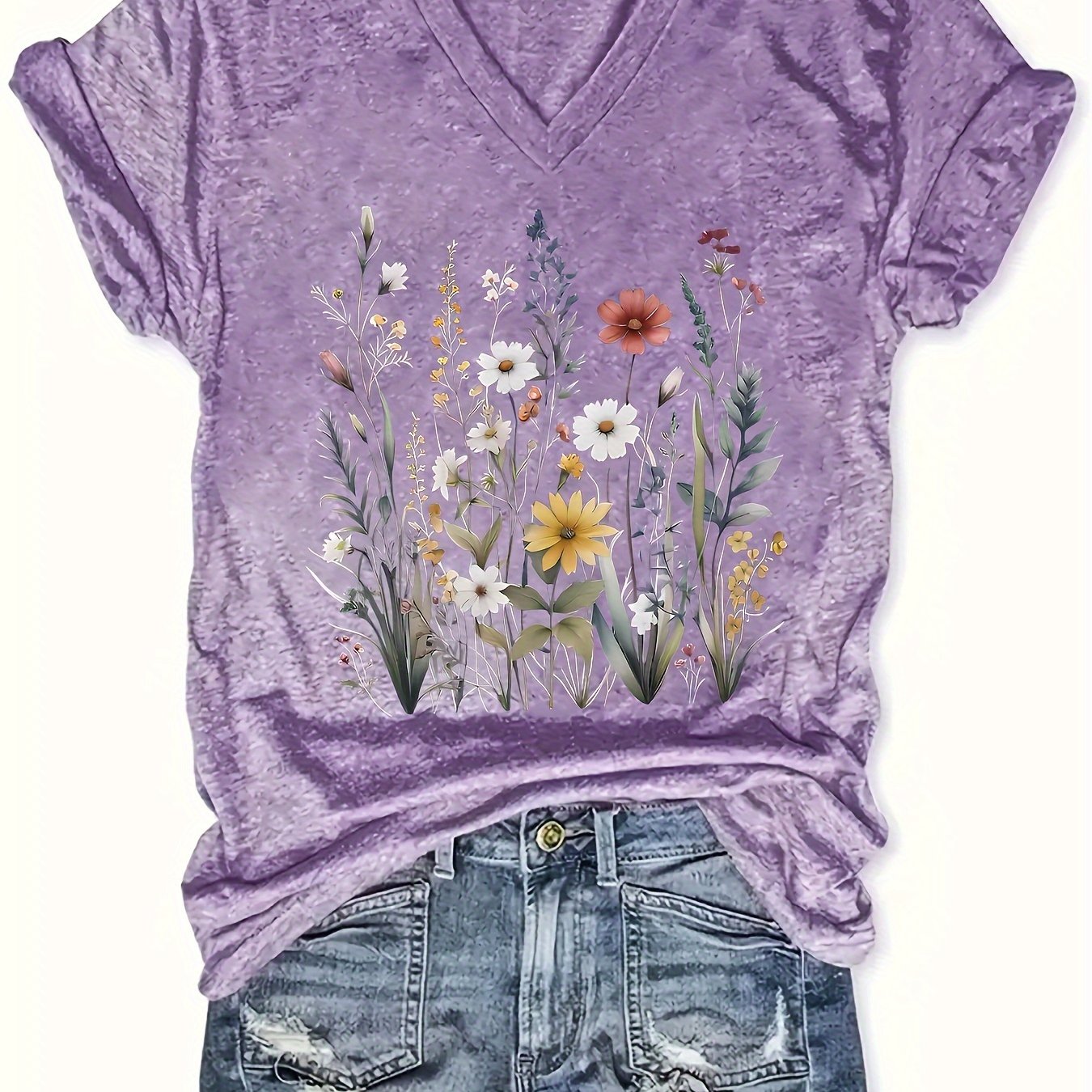 Women's V-Neck Short Sleeve T-Shirt Lavender Floral Summer Top Lightweight Blouse