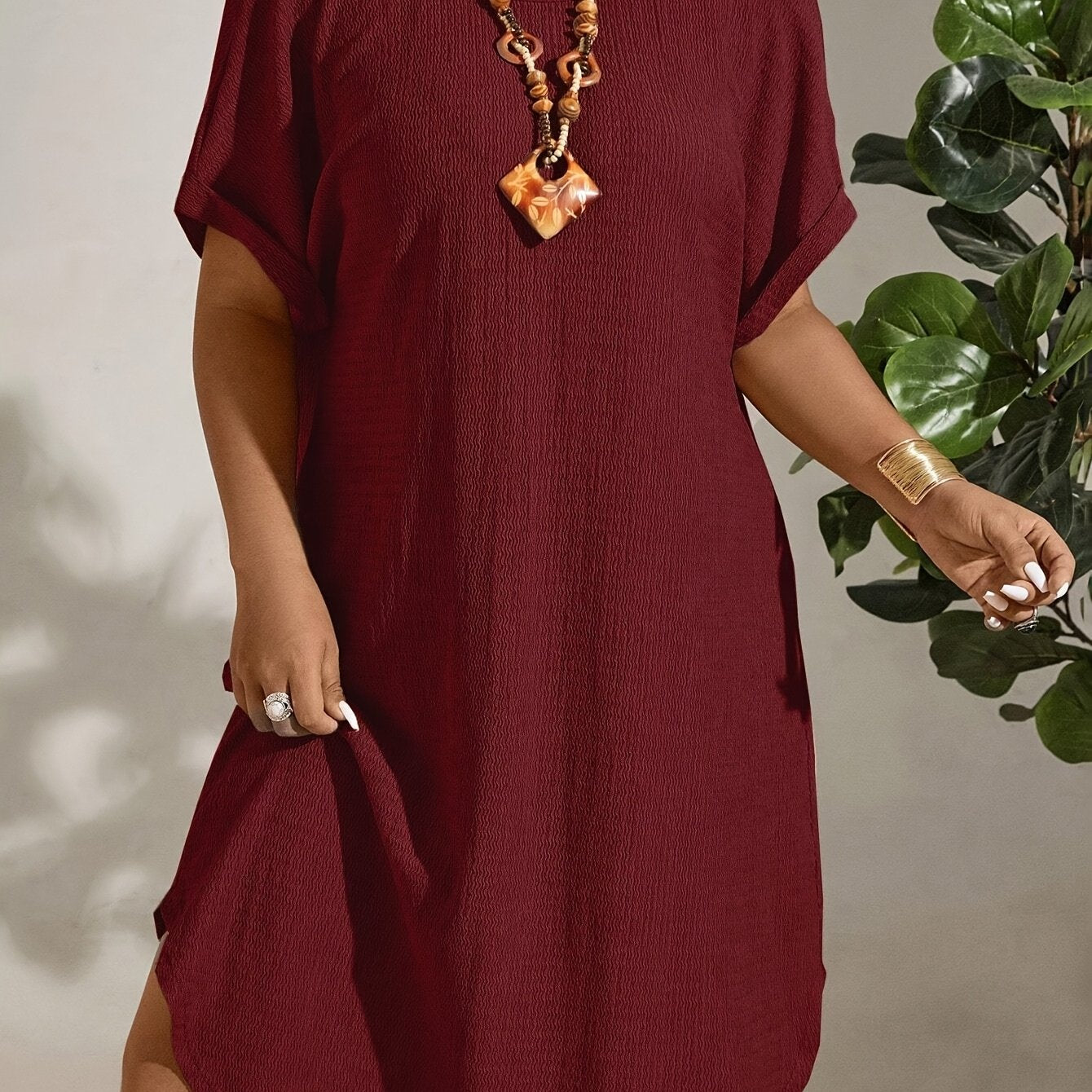 Plus Size Green Midi Dress with Batwing Sleeves V-Neck Textured Polyester for All Seasons