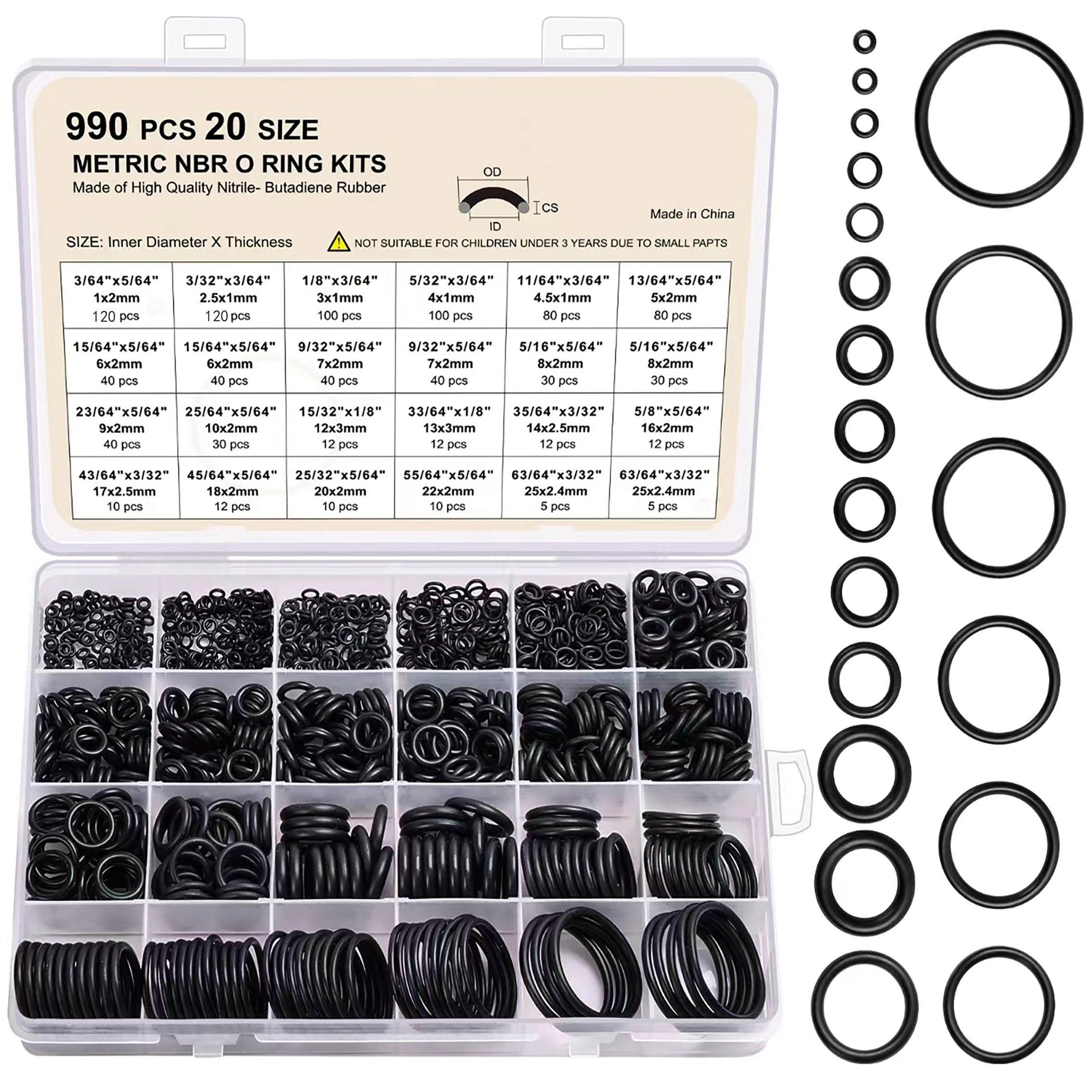 990Pcs Nitrile Rubber O-Ring Kit 70A Durometer Round Cross Section 20 Sizes