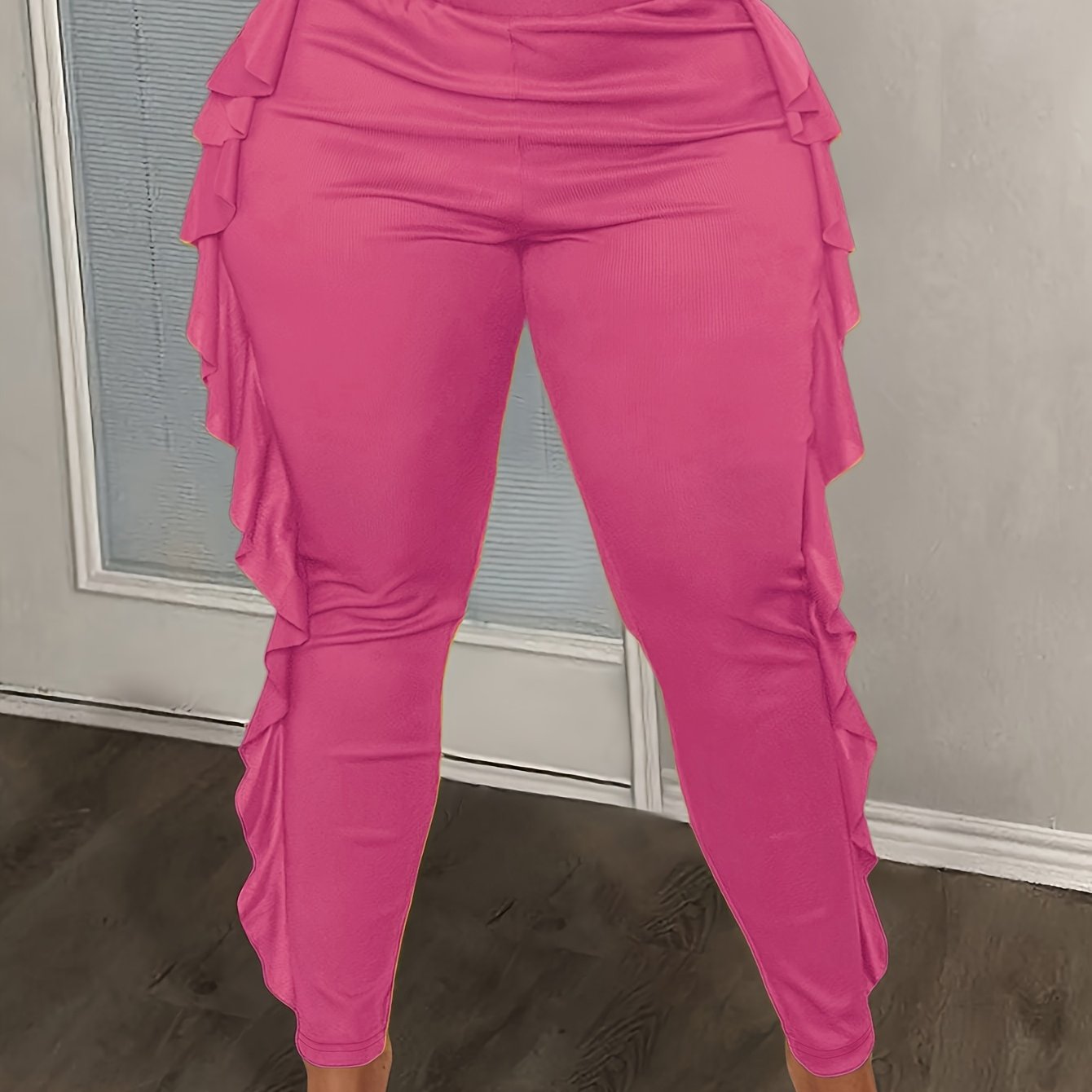 Women’s Knitted Slim Fit Trousers With Side Slit and Ruffles Plus Size