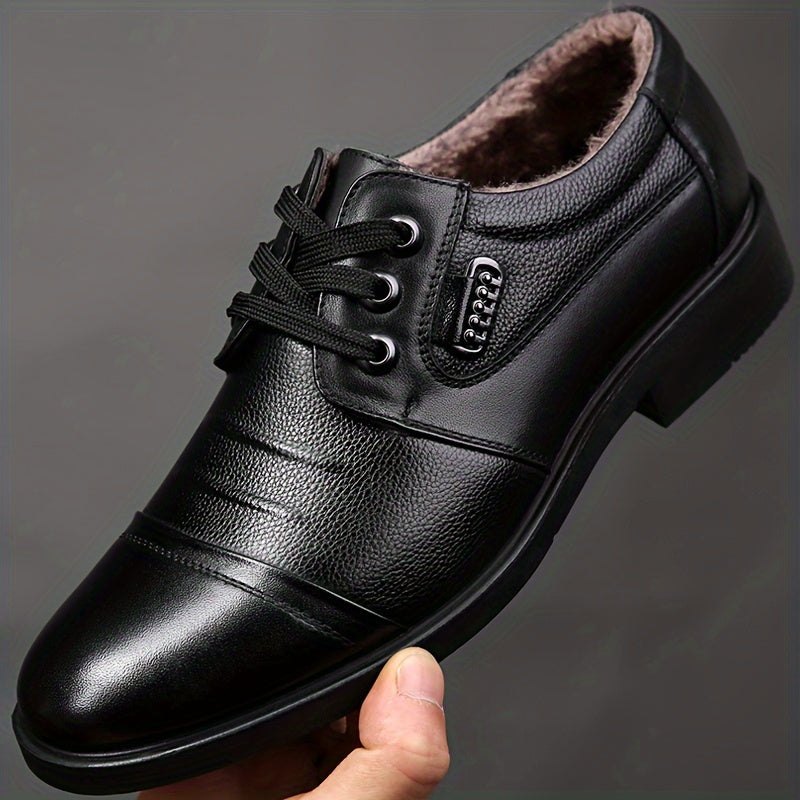 Men's Leather Derby Shoes with Plush Lining and Rubber Sole for Casual and Business Wear